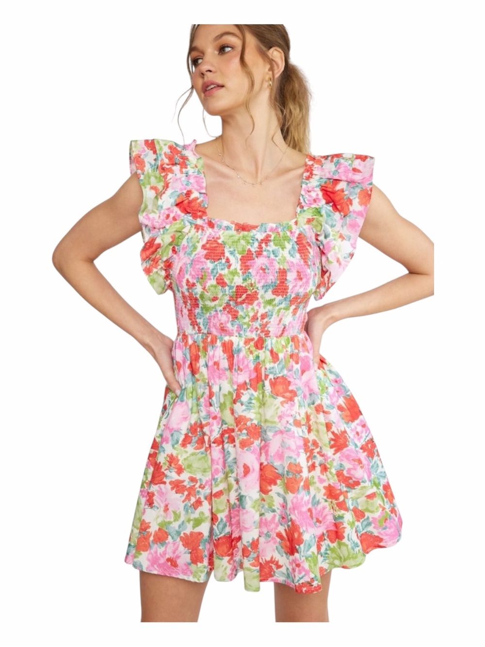 NWOT! ENTRO Floral Flutter-Sleeve Smocked-Chest Cotton Mini Dress. Size Medium.